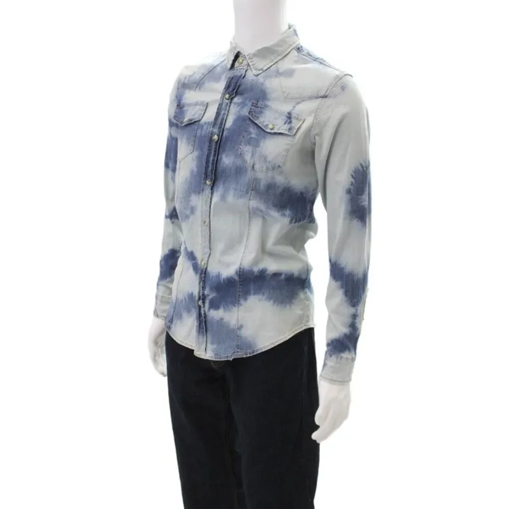 Gianni Lupo Mens Cotton Bleached Tie Dye Denim Button Down Shirt Blue Size S